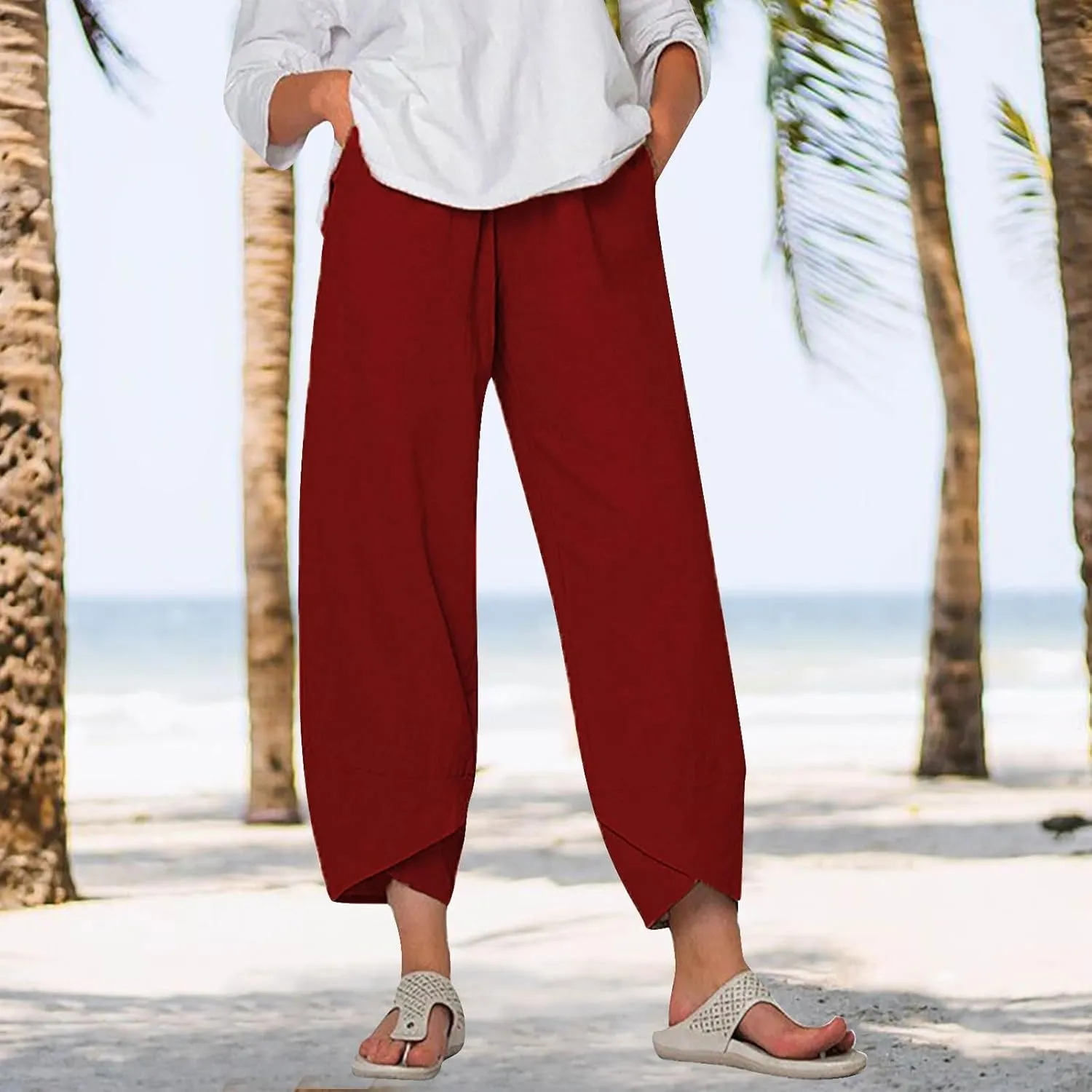 Linen Pants Women Capri Pants Casual Cropped Baggy Trousers Elastic Waisted Yoga Comfy Loose Palazzo Lounge Pants