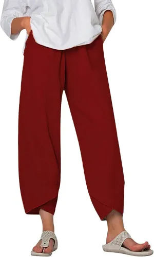 Linen Pants Women Capri Pants Casual Cropped Baggy Trousers Elastic Waisted Yoga Comfy Loose Palazzo Lounge Pants
