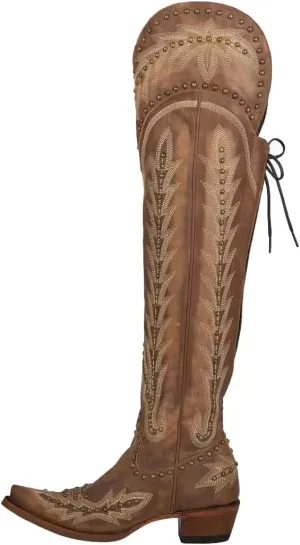 LISHAN Women's Western Cowboy Cowgirl Boots Thigh High Embroidered Block Heels Faux Leather Back Lace Up Shoes