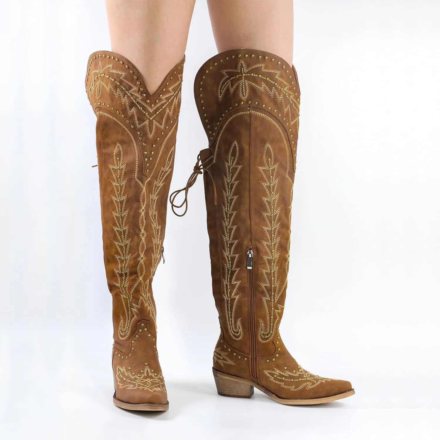 LISHAN Women's Western Cowboy Cowgirl Boots Thigh High Embroidered Block Heels Faux Leather Back Lace Up Shoes
