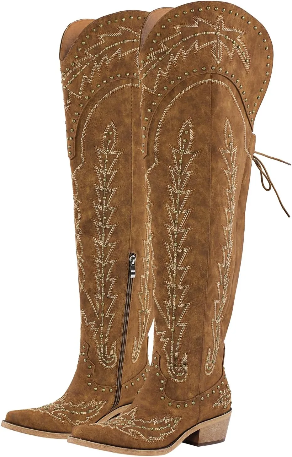 LISHAN Women's Western Cowboy Cowgirl Boots Thigh High Embroidered Block Heels Faux Leather Back Lace Up Shoes