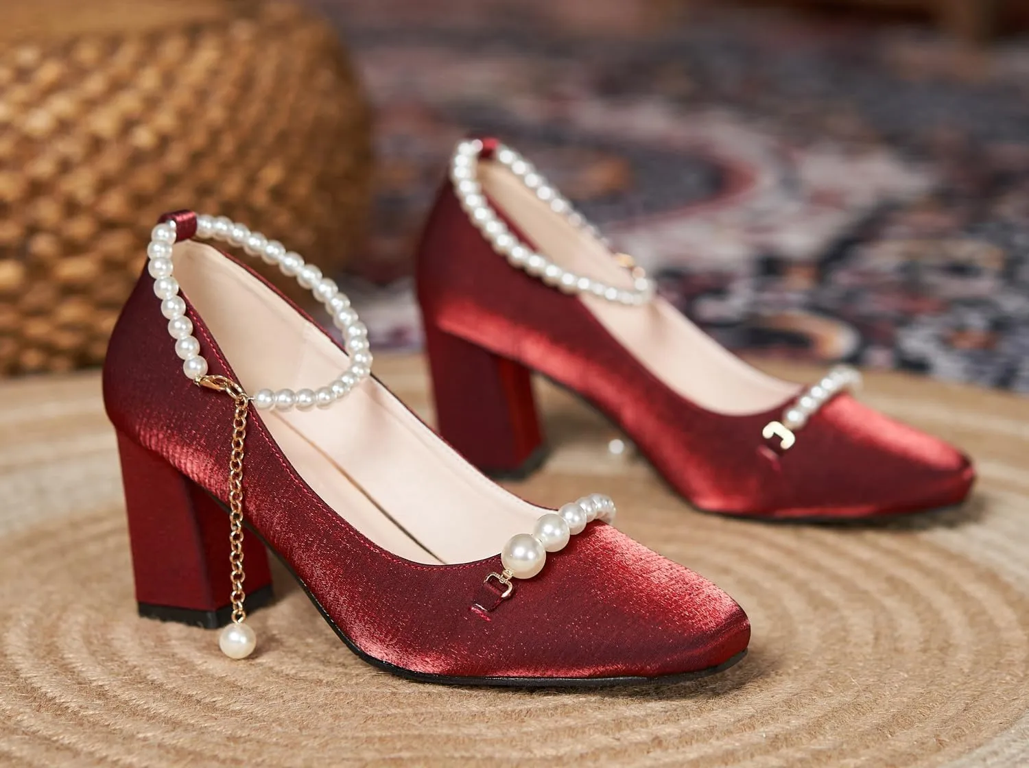 LizFoYa Women Pearls Ankle Strap Wedding Pumps Square Toe Bridal Chunky Heels Formal Dress Shoes