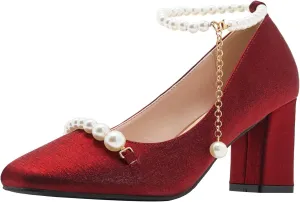 LizFoYa Women Pearls Ankle Strap Wedding Pumps Square Toe Bridal Chunky Heels Formal Dress Shoes