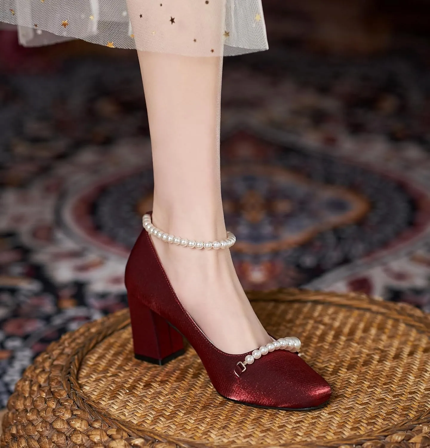 LizFoYa Women Pearls Ankle Strap Wedding Pumps Square Toe Bridal Chunky Heels Formal Dress Shoes