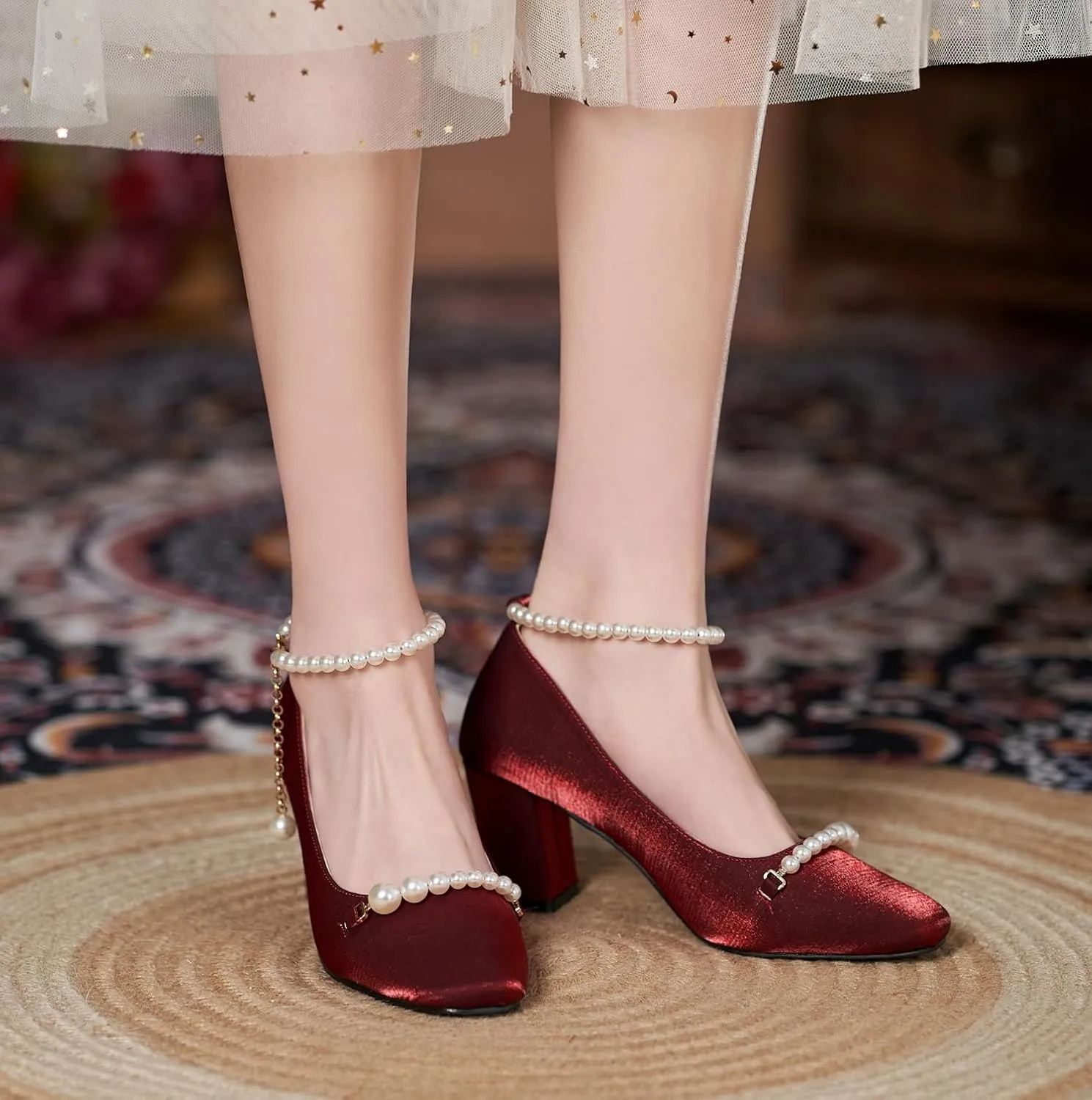 LizFoYa Women Pearls Ankle Strap Wedding Pumps Square Toe Bridal Chunky Heels Formal Dress Shoes