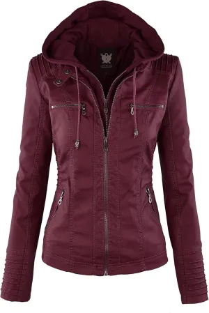 Lock and Love Women's Faux Leather Moto Biker Jacket Coat with Removable or Non-Removable Hood