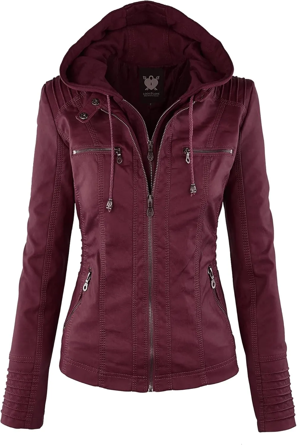 Lock and Love Women's Faux Leather Moto Biker Jacket Coat with Removable or Non-Removable Hood