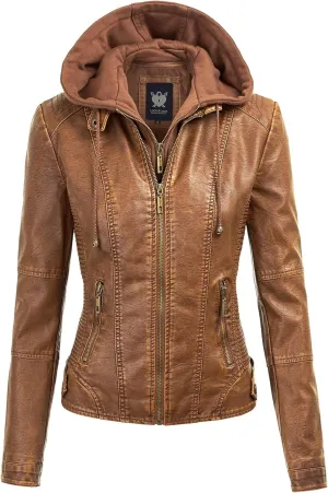 Lock and Love Women's Faux Leather Moto Biker Jacket Coat with Removable or Non-Removable Hood