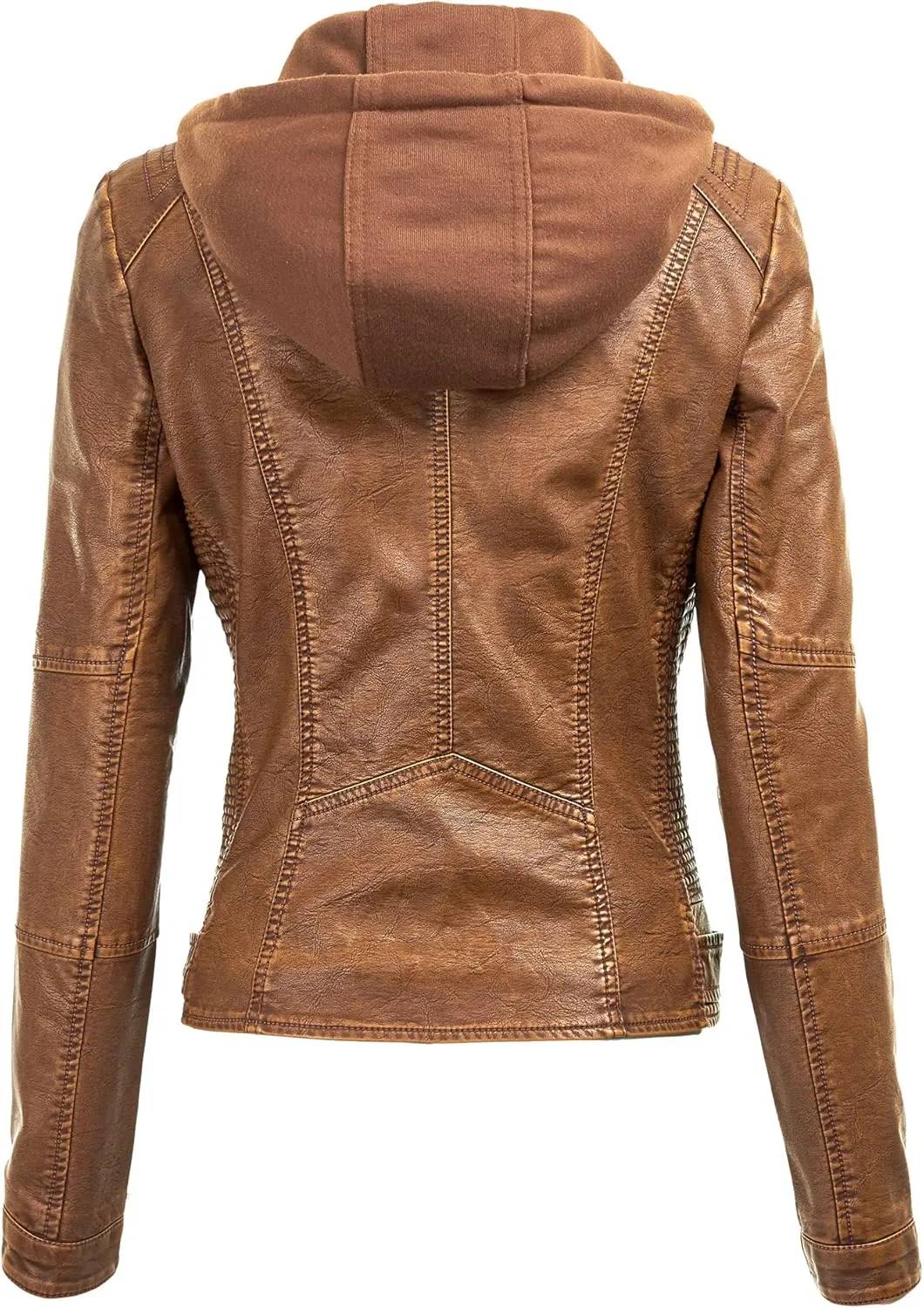 Lock and Love Women's Faux Leather Moto Biker Jacket Coat with Removable or Non-Removable Hood