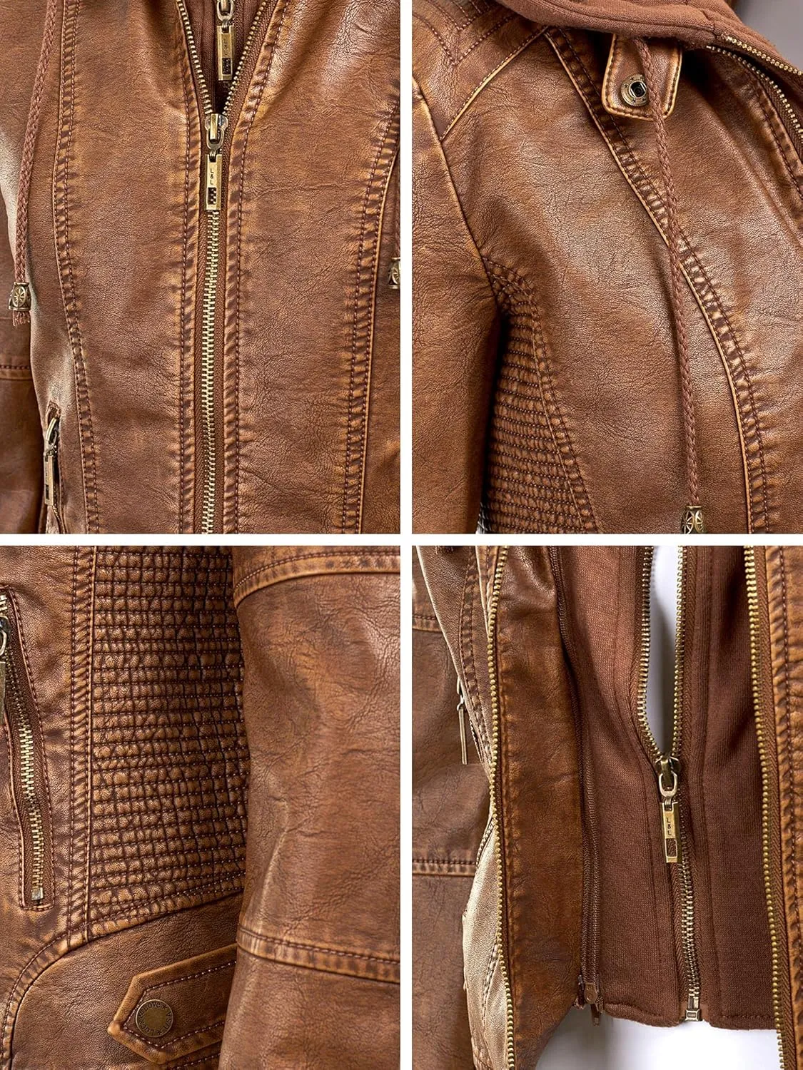 Lock and Love Women's Faux Leather Moto Biker Jacket Coat with Removable or Non-Removable Hood