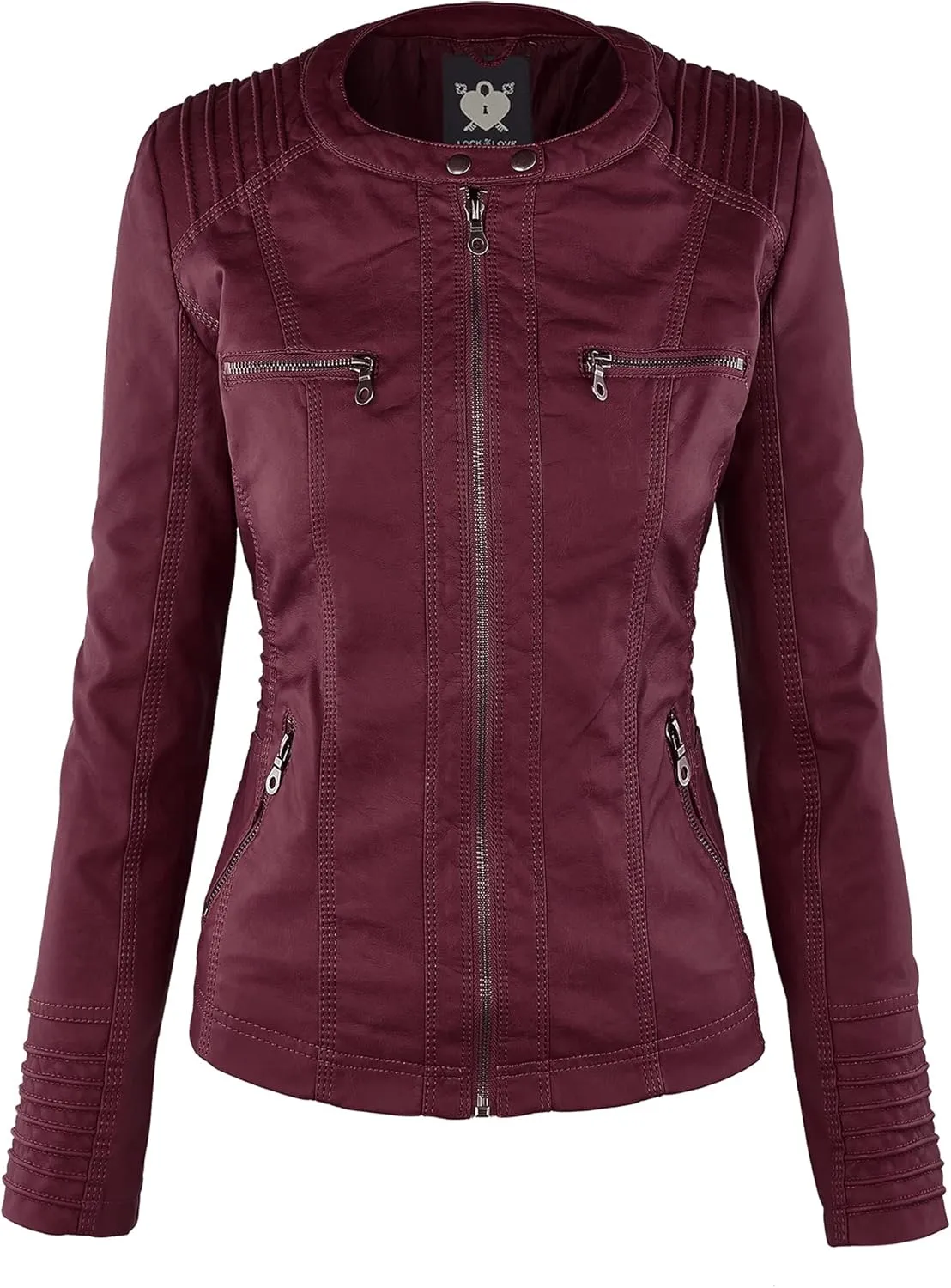 Lock and Love Women's Faux Leather Moto Biker Jacket Coat with Removable or Non-Removable Hood