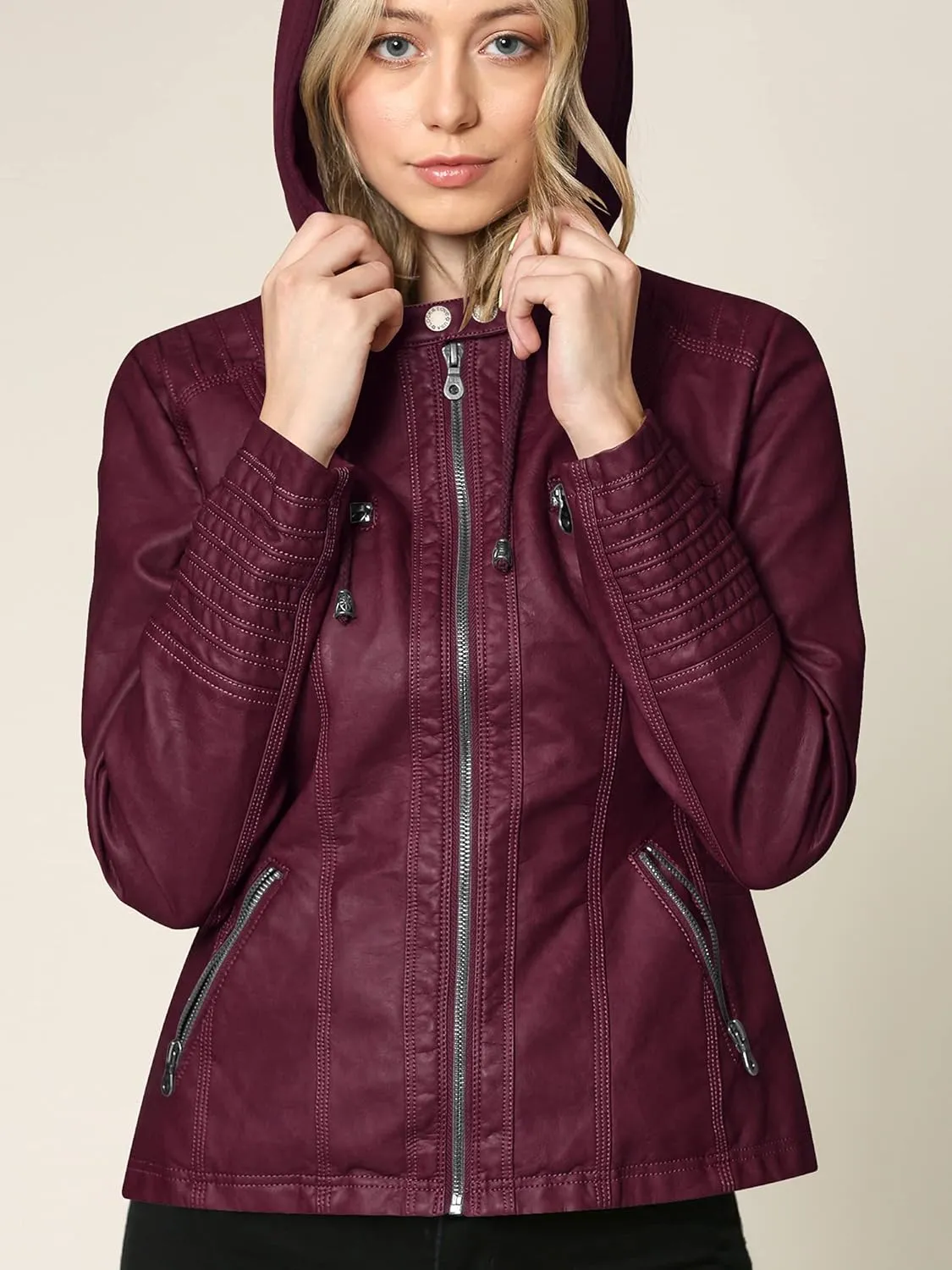 Lock and Love Women's Faux Leather Moto Biker Jacket Coat with Removable or Non-Removable Hood