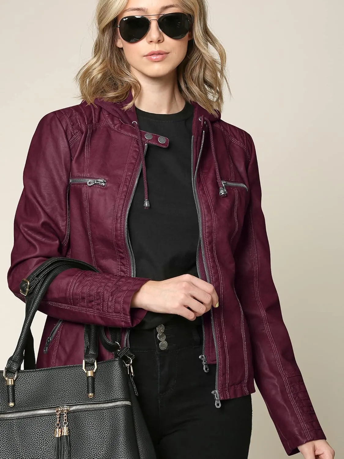 Lock and Love Women's Faux Leather Moto Biker Jacket Coat with Removable or Non-Removable Hood