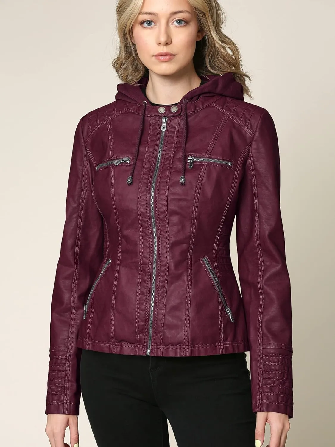 Lock and Love Women's Faux Leather Moto Biker Jacket Coat with Removable or Non-Removable Hood
