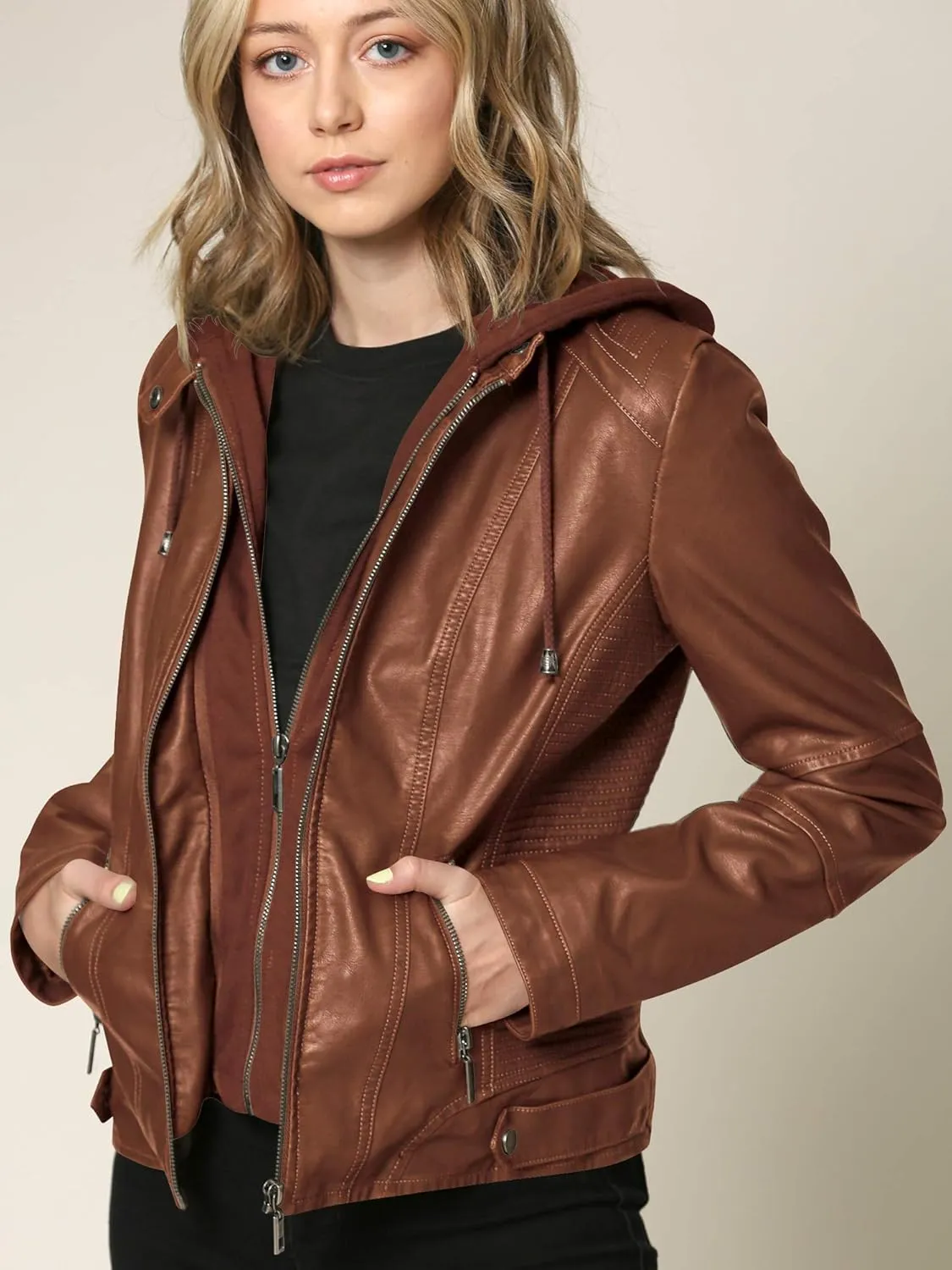 Lock and Love Women's Faux Leather Moto Biker Jacket Coat with Removable or Non-Removable Hood