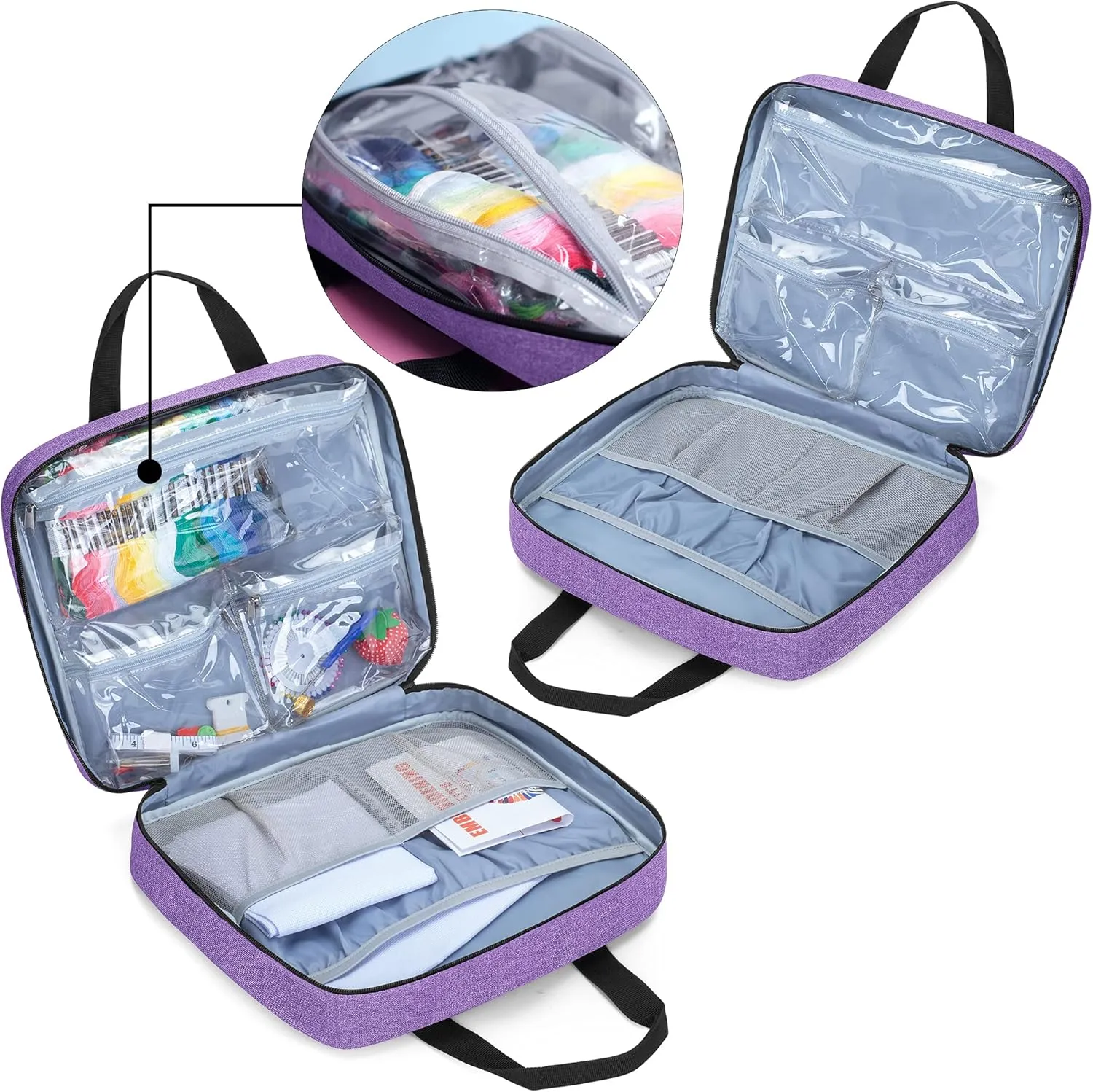 LoDrid Embroidery Project Bag, Square Embroidery Supplies Storage Tote Bag, Portable Craft Carry Case for Cross Stitch Kits Tools, Multiple Pockets, Purple, Bag Only