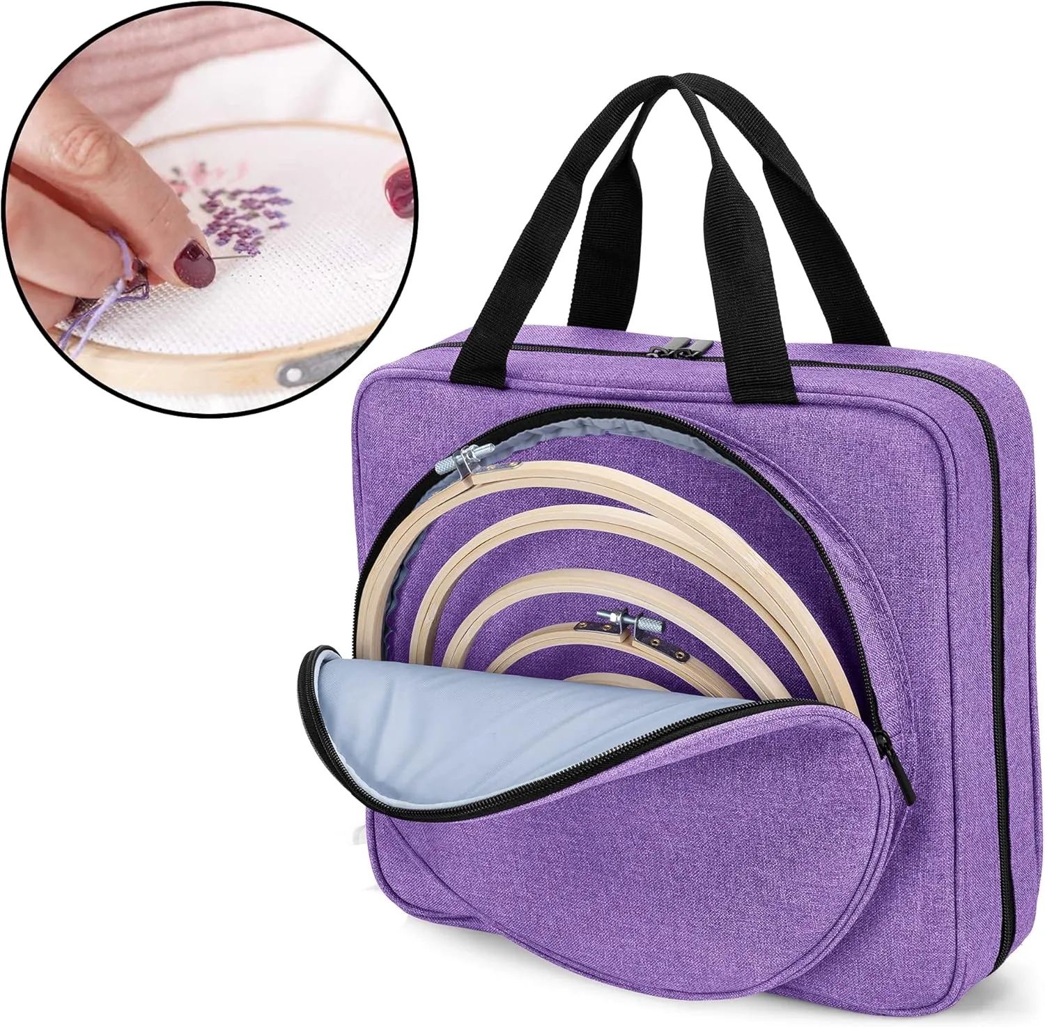 LoDrid Embroidery Project Bag, Square Embroidery Supplies Storage Tote Bag, Portable Craft Carry Case for Cross Stitch Kits Tools, Multiple Pockets, Purple, Bag Only