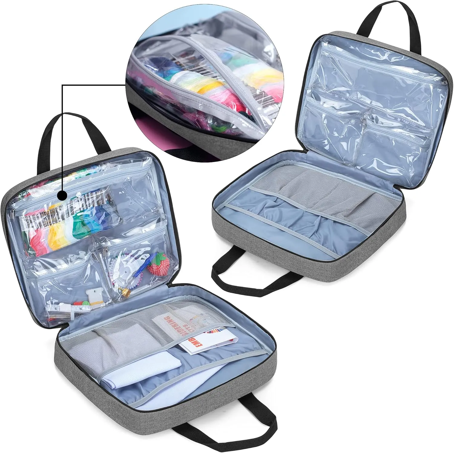 LoDrid Embroidery Project Bag, Square Embroidery Supplies Storage Tote Bag, Portable Craft Carry Case for Embroidery Kits and Cross Stitch Kits Tools, Multiple Pockets, Gray, Bag Only