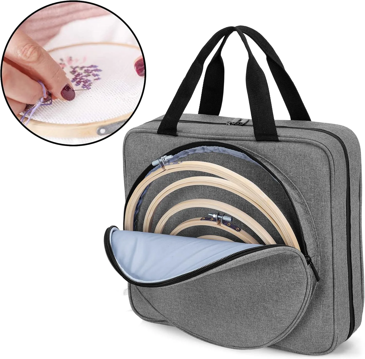 LoDrid Embroidery Project Bag, Square Embroidery Supplies Storage Tote Bag, Portable Craft Carry Case for Embroidery Kits and Cross Stitch Kits Tools, Multiple Pockets, Gray, Bag Only