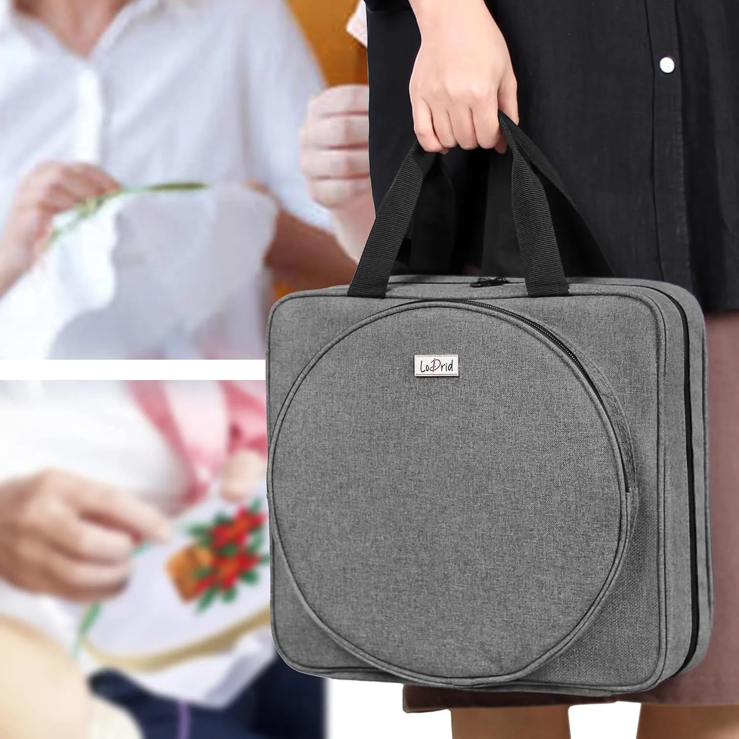 LoDrid Embroidery Project Bag, Square Embroidery Supplies Storage Tote Bag, Portable Craft Carry Case for Embroidery Kits and Cross Stitch Kits Tools, Multiple Pockets, Gray, Bag Only