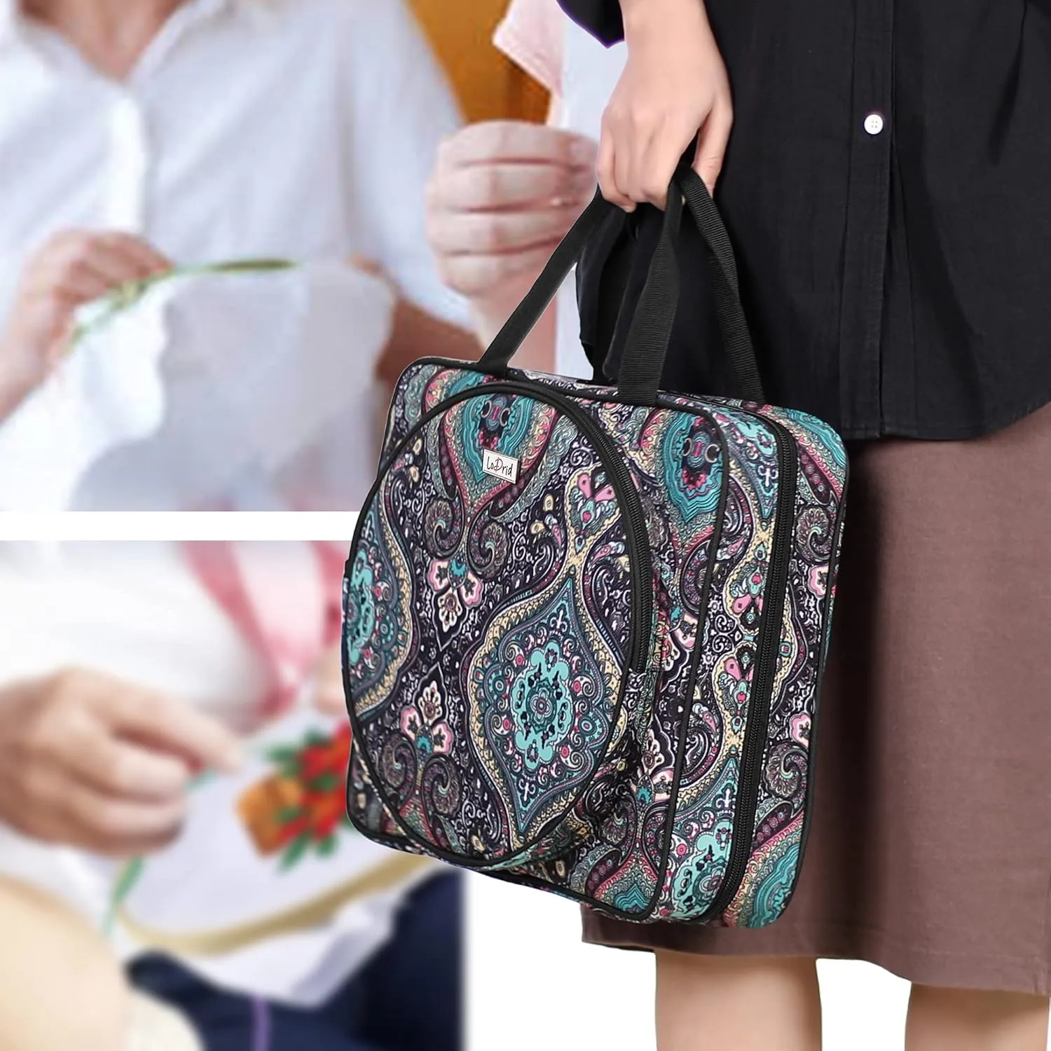 LoDrid Embroidery Project Bag, Square Embroidery Supplies Storage Tote Bag, Portable Craft Carry Case for Embroidery Kits and Cross Stitch Kits Tools, Multiple Pockets, Totem, Bag Only