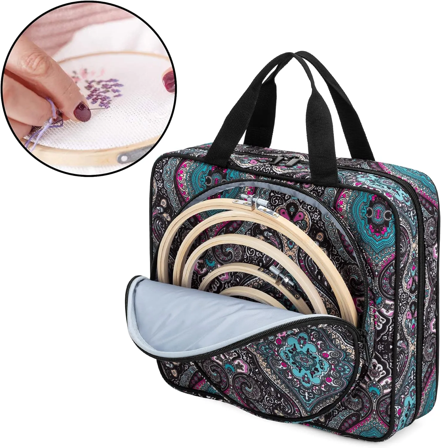 LoDrid Embroidery Project Bag, Square Embroidery Supplies Storage Tote Bag, Portable Craft Carry Case for Embroidery Kits and Cross Stitch Kits Tools, Multiple Pockets, Totem, Bag Only