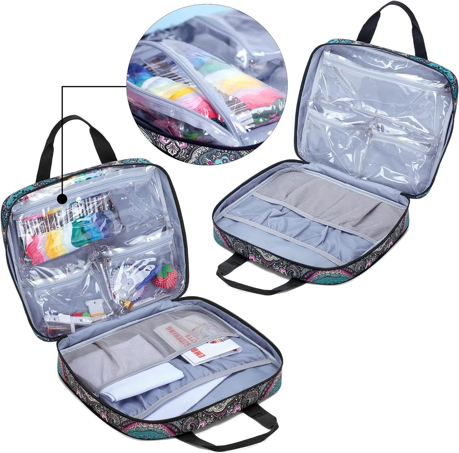 LoDrid Embroidery Project Bag, Square Embroidery Supplies Storage Tote Bag, Portable Craft Carry Case for Embroidery Kits and Cross Stitch Kits Tools, Multiple Pockets, Totem, Bag Only