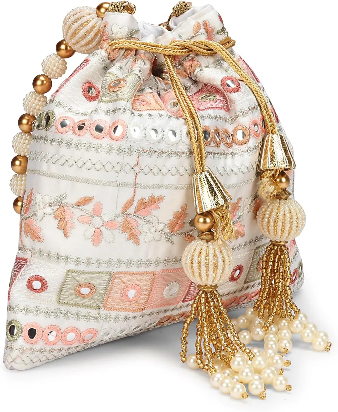 LONGING TO BUY Indian Embroidered Pearl Potli Bag For Women, Sequence Design with Tassel, Wedding Potli Bags