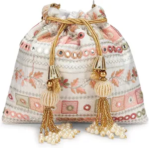 LONGING TO BUY Indian Embroidered Pearl Potli Bag For Women, Sequence Design with Tassel, Wedding Potli Bags