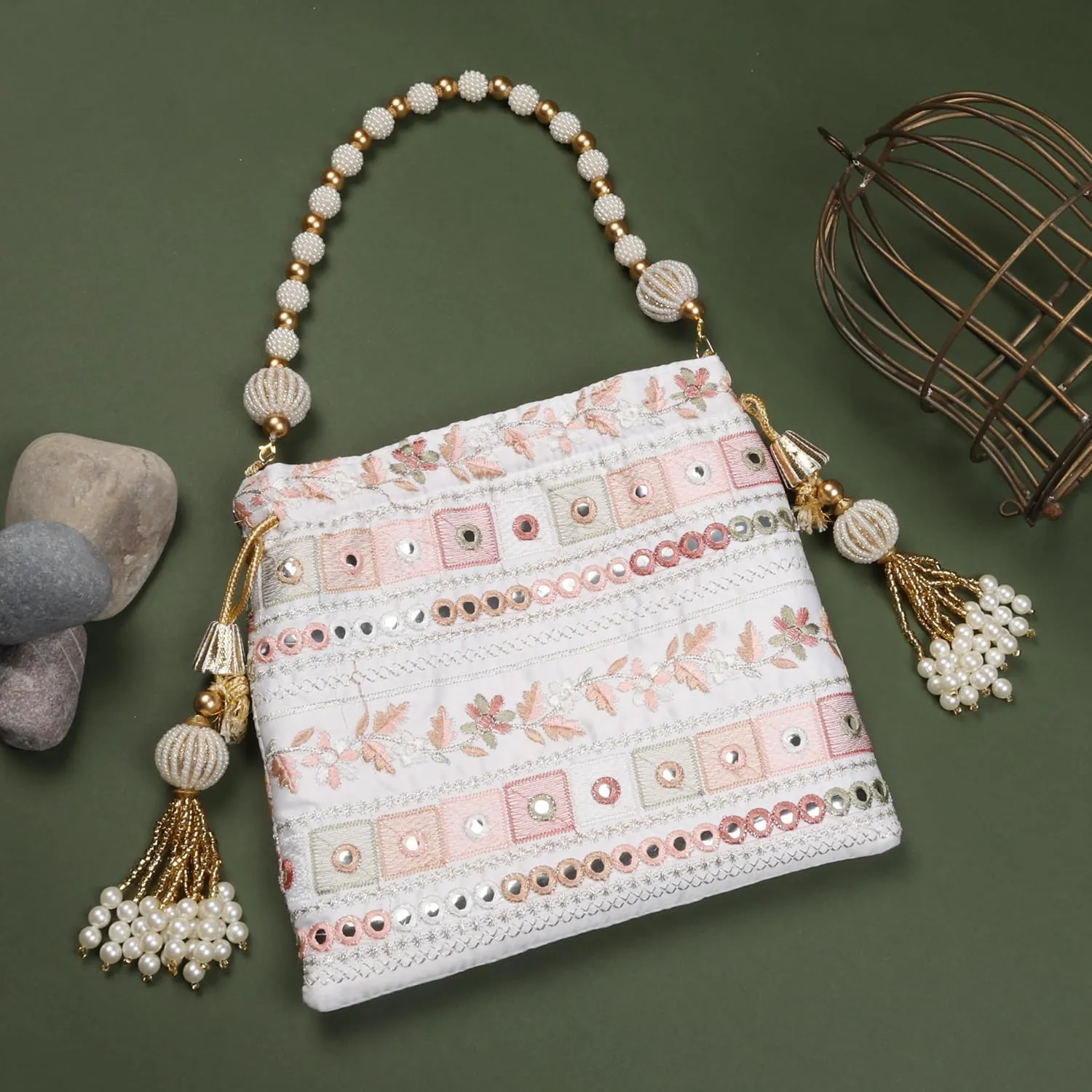 LONGING TO BUY Indian Embroidered Pearl Potli Bag For Women, Sequence Design with Tassel, Wedding Potli Bags