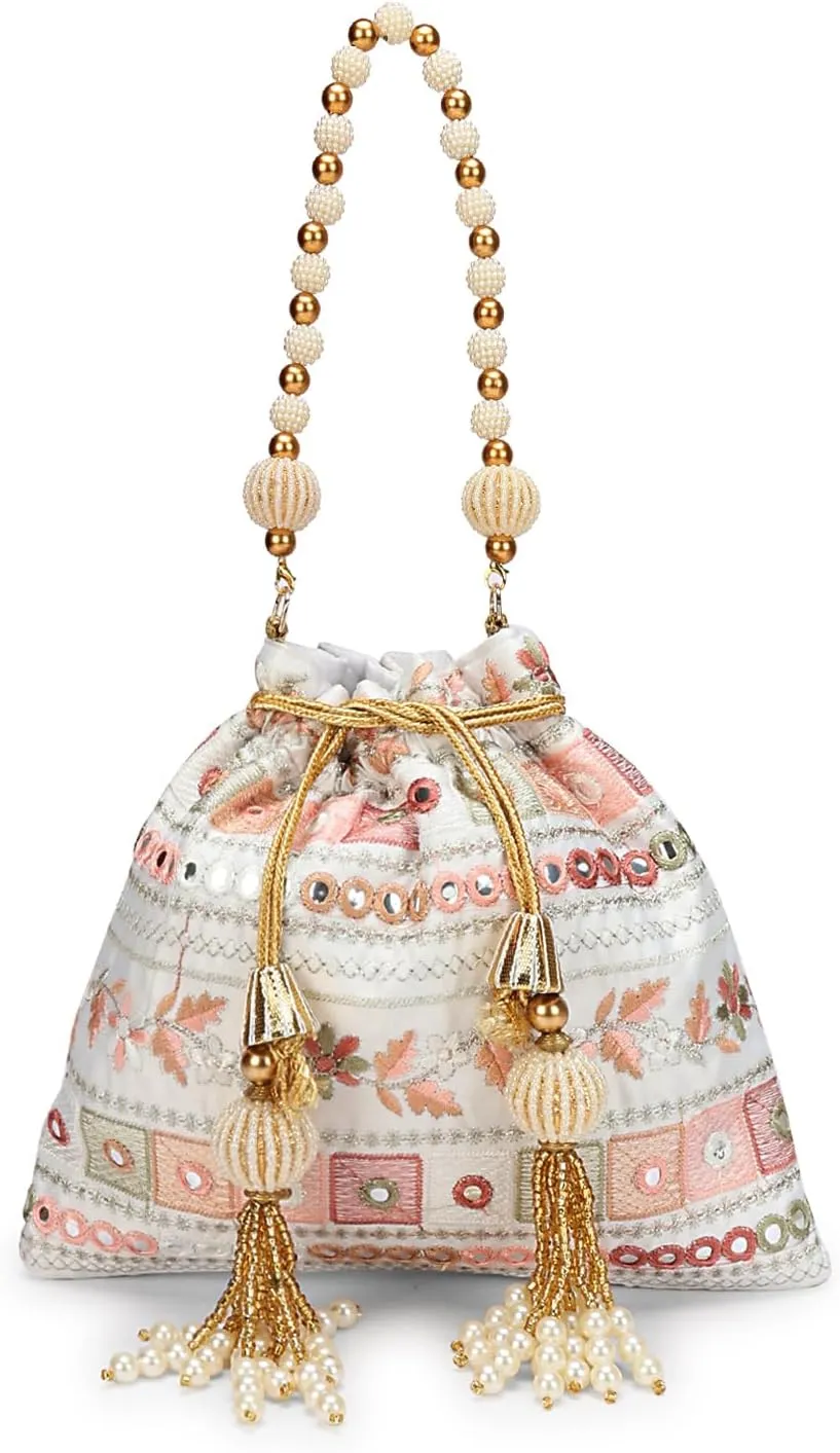LONGING TO BUY Indian Embroidered Pearl Potli Bag For Women, Sequence Design with Tassel, Wedding Potli Bags