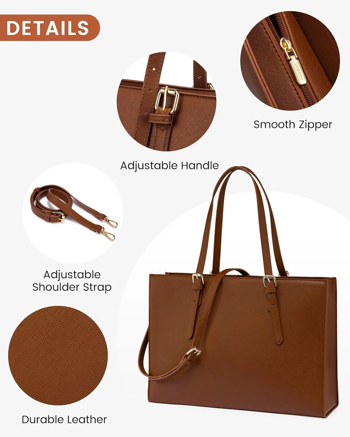 LOVEVOOK Laptop Bag for Women, 15.6 Inch Large Waterproof PU Leather Computer Tote Bag for Work Business Office Travel with USB Charging Port, Fashion Waterproof Shoulder Bag Handbag Purse, Brown