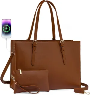 LOVEVOOK Laptop Bag for Women, 15.6 Inch Large Waterproof PU Leather Computer Tote Bag for Work Business Office Travel with USB Charging Port, Fashion Waterproof Shoulder Bag Handbag Purse, Brown