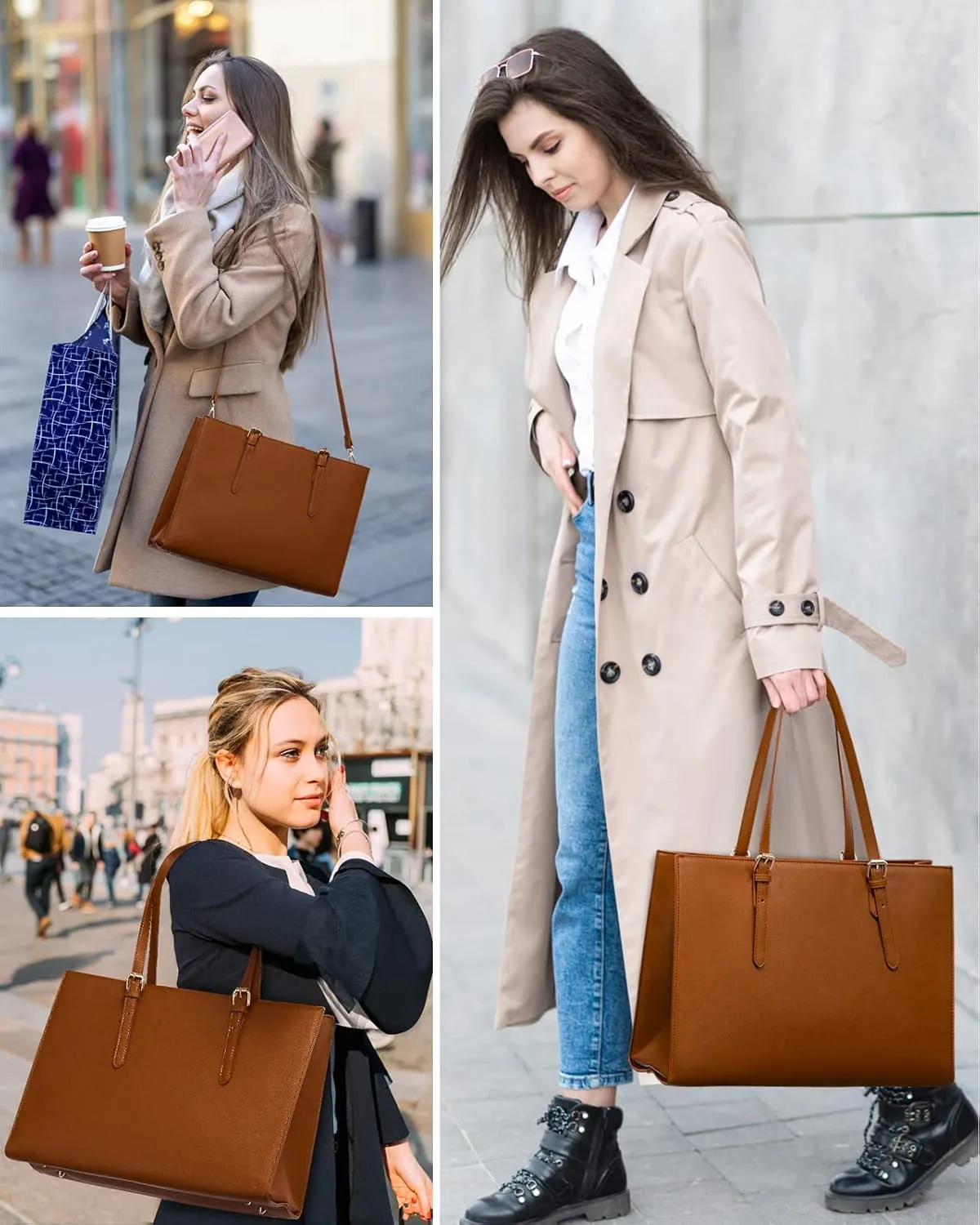 LOVEVOOK Laptop Bag for Women, 15.6 Inch Large Waterproof PU Leather Computer Tote Bag for Work Business Office Travel with USB Charging Port, Fashion Waterproof Shoulder Bag Handbag Purse, Brown