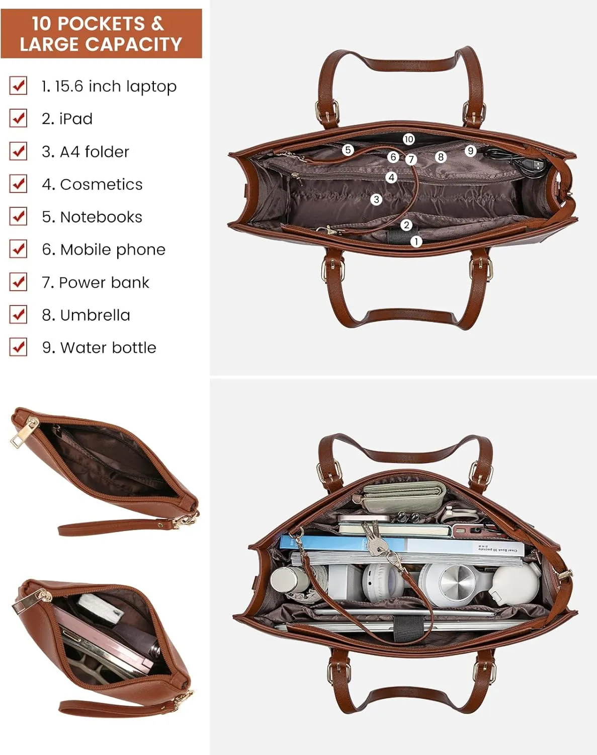 LOVEVOOK Laptop Bag for Women, 15.6 Inch Large Waterproof PU Leather Computer Tote Bag for Work Business Office Travel with USB Charging Port, Fashion Waterproof Shoulder Bag Handbag Purse, Brown