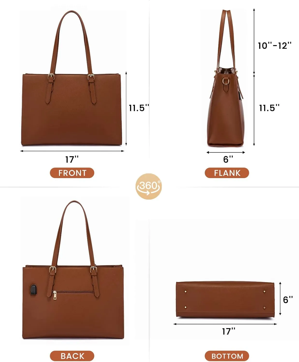 LOVEVOOK Laptop Bag for Women, 15.6 Inch Large Waterproof PU Leather Computer Tote Bag for Work Business Office Travel with USB Charging Port, Fashion Waterproof Shoulder Bag Handbag Purse, Brown
