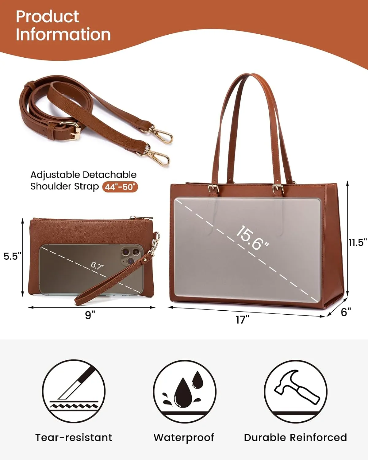 LOVEVOOK Laptop Bag for Women, 15.6 Inch Large Waterproof PU Leather Computer Tote Bag for Work Business Office Travel with USB Charging Port, Fashion Waterproof Shoulder Bag Handbag Purse, Brown
