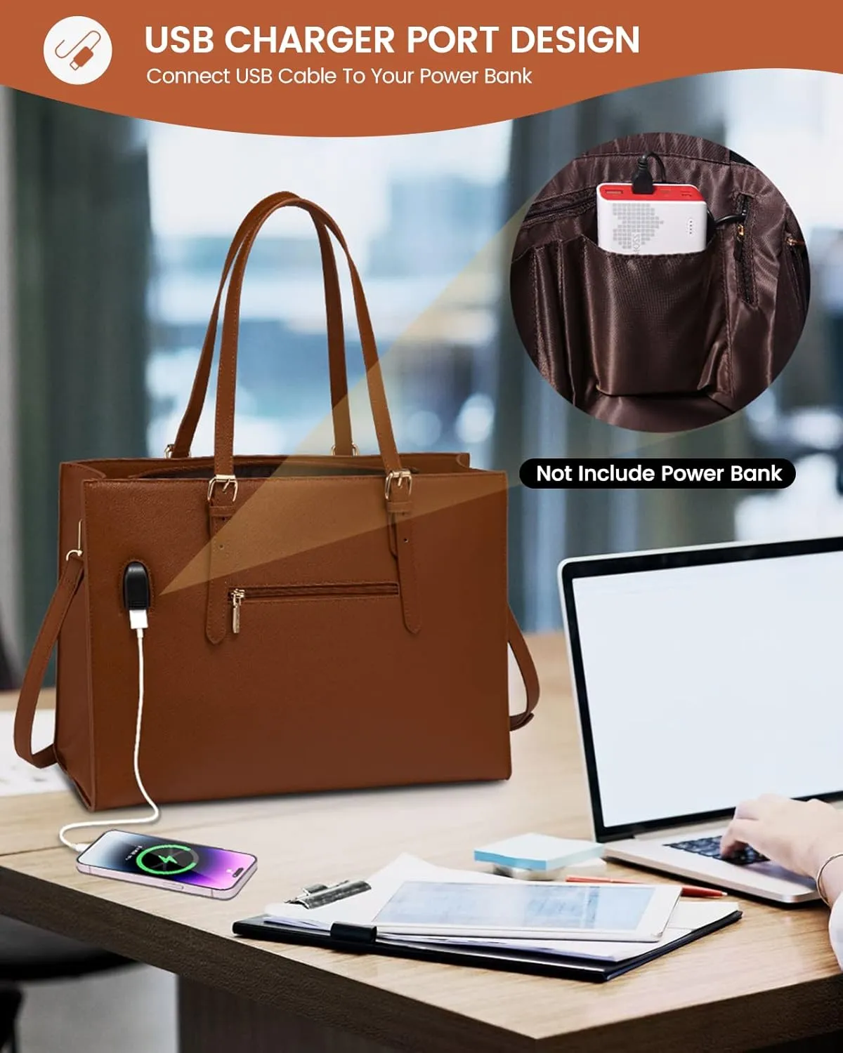 LOVEVOOK Laptop Bag for Women, 15.6 Inch Large Waterproof PU Leather Computer Tote Bag for Work Business Office Travel with USB Charging Port, Fashion Waterproof Shoulder Bag Handbag Purse, Brown