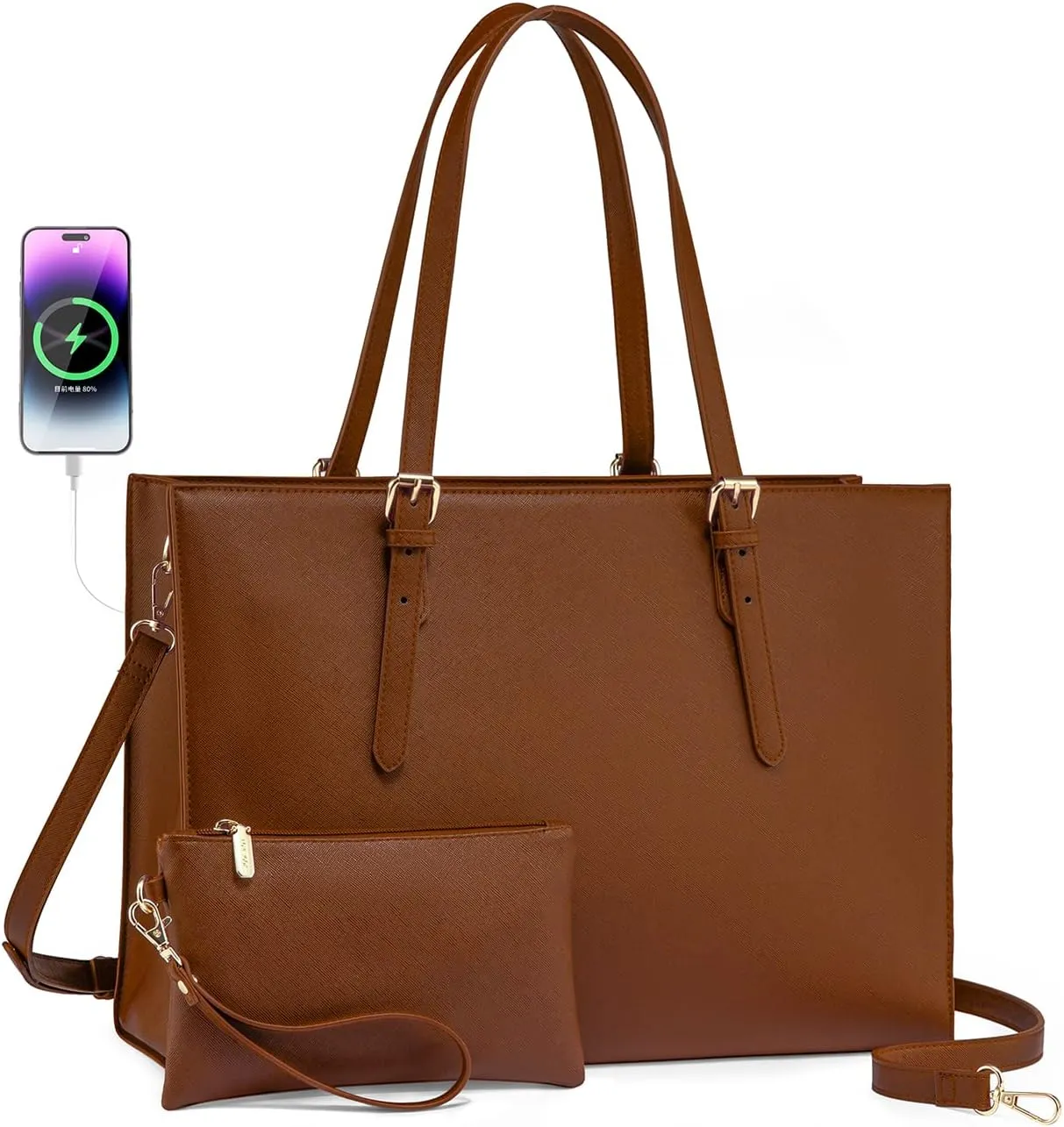 LOVEVOOK Laptop Bag for Women, 15.6 Inch Large Waterproof PU Leather Computer Tote Bag for Work Business Office Travel with USB Charging Port, Fashion Waterproof Shoulder Bag Handbag Purse, Brown