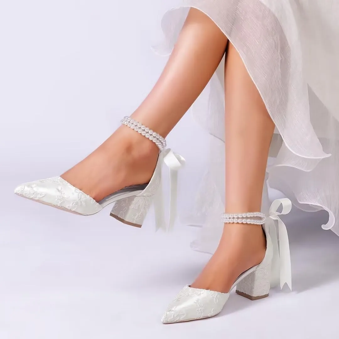 Low Block Heel Wedding Shoes for Bride Pointed Toe Pearl Wedding Heels Bridal Shoes