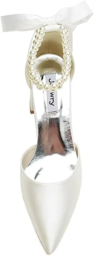 Low Block Heel Wedding Shoes for Bride Pointed Toe Pearl Wedding Heels Bridal Shoes
