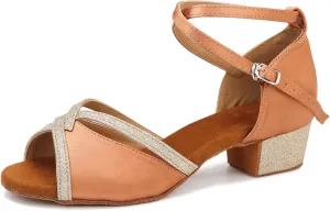 Low Cuban Heel Ballroom Dance Shoes Women Salsa Latin Dancing Practice Shoes for Beginners Glitter Comfortable 1.5 inch Heels