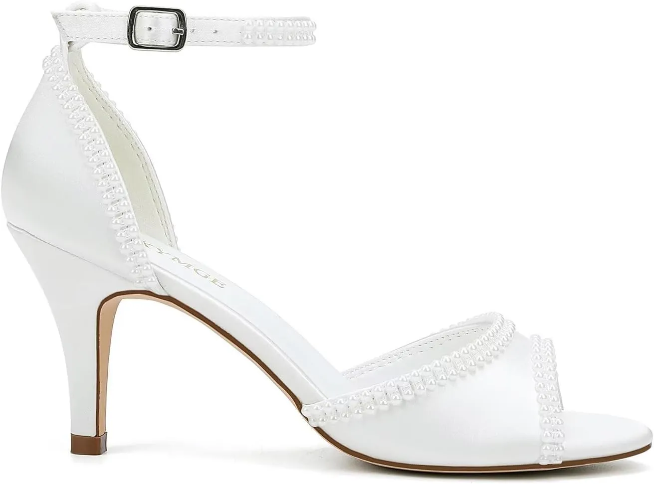 Low Heel Wedding Shoes for Bride Peep Toe Pearl Bridal Shoes Ankle Buckle Strap Wedding Heels