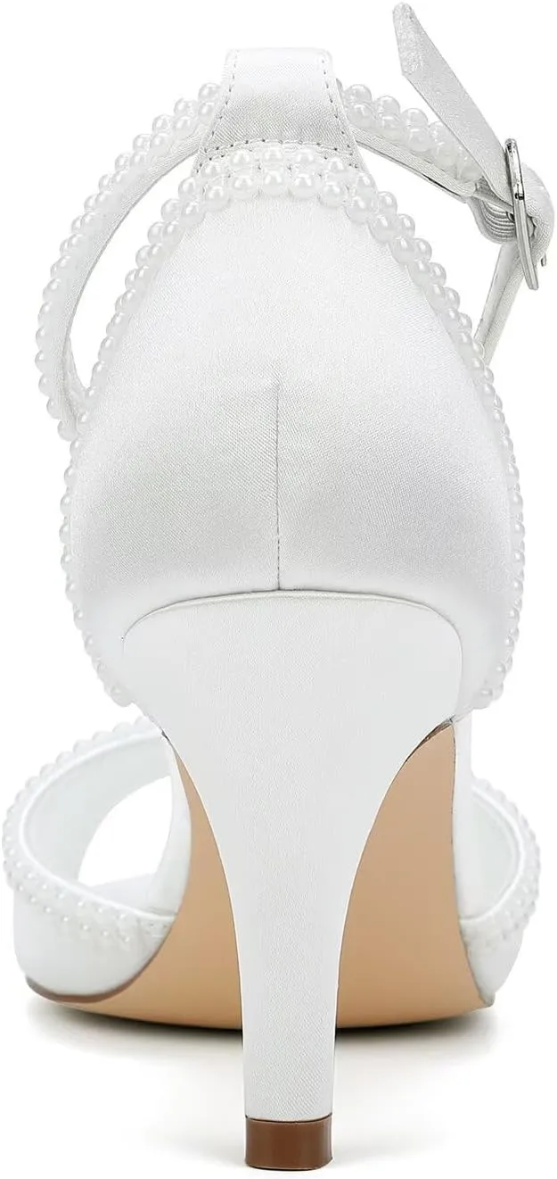 Low Heel Wedding Shoes for Bride Peep Toe Pearl Bridal Shoes Ankle Buckle Strap Wedding Heels