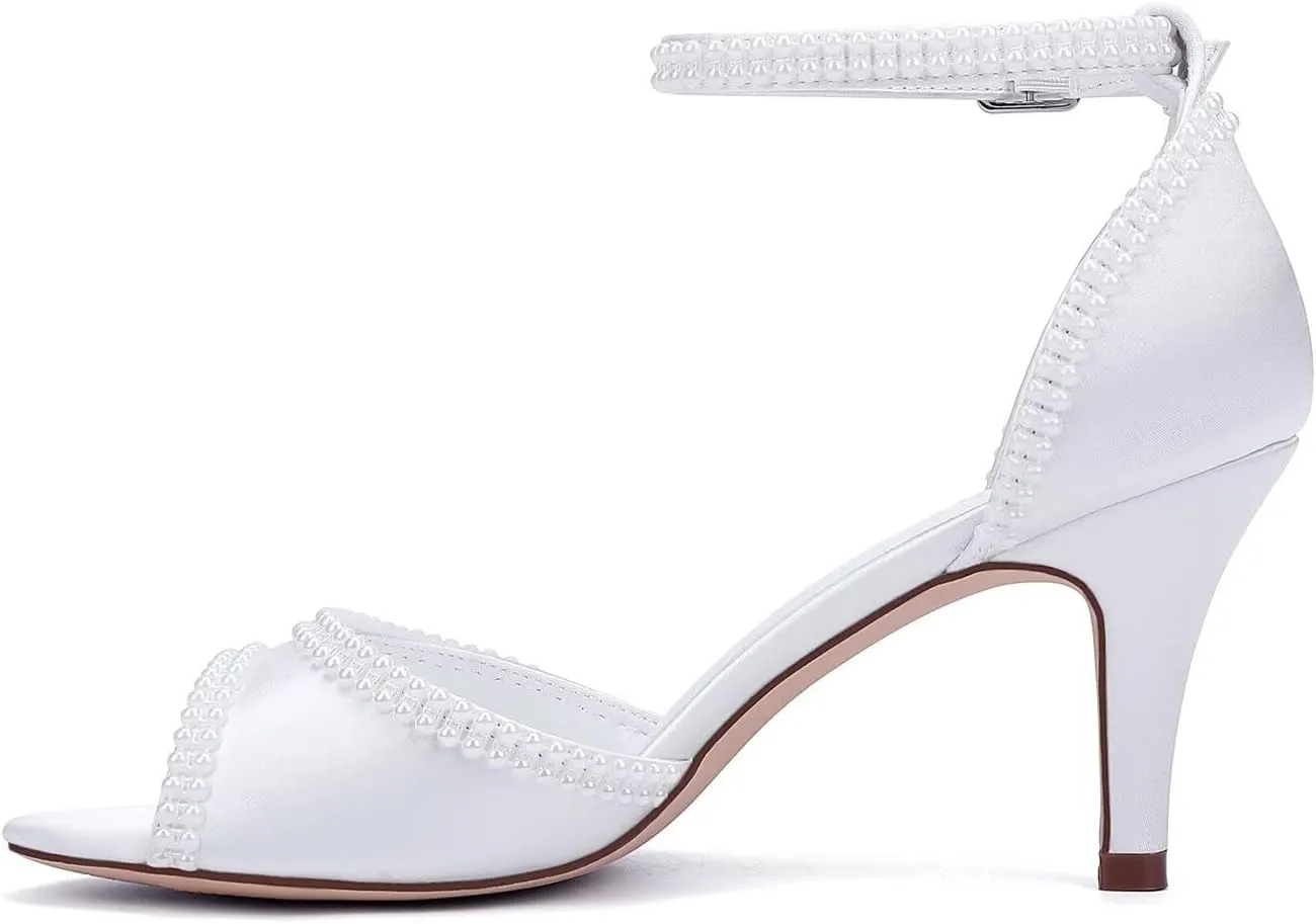 Low Heel Wedding Shoes for Bride Peep Toe Pearl Bridal Shoes Ankle Buckle Strap Wedding Heels