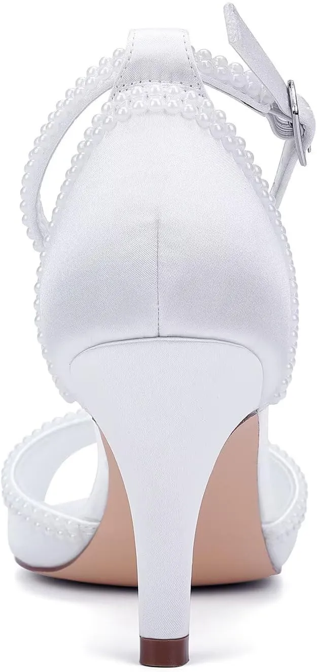 Low Heel Wedding Shoes for Bride Peep Toe Pearl Bridal Shoes Ankle Buckle Strap Wedding Heels