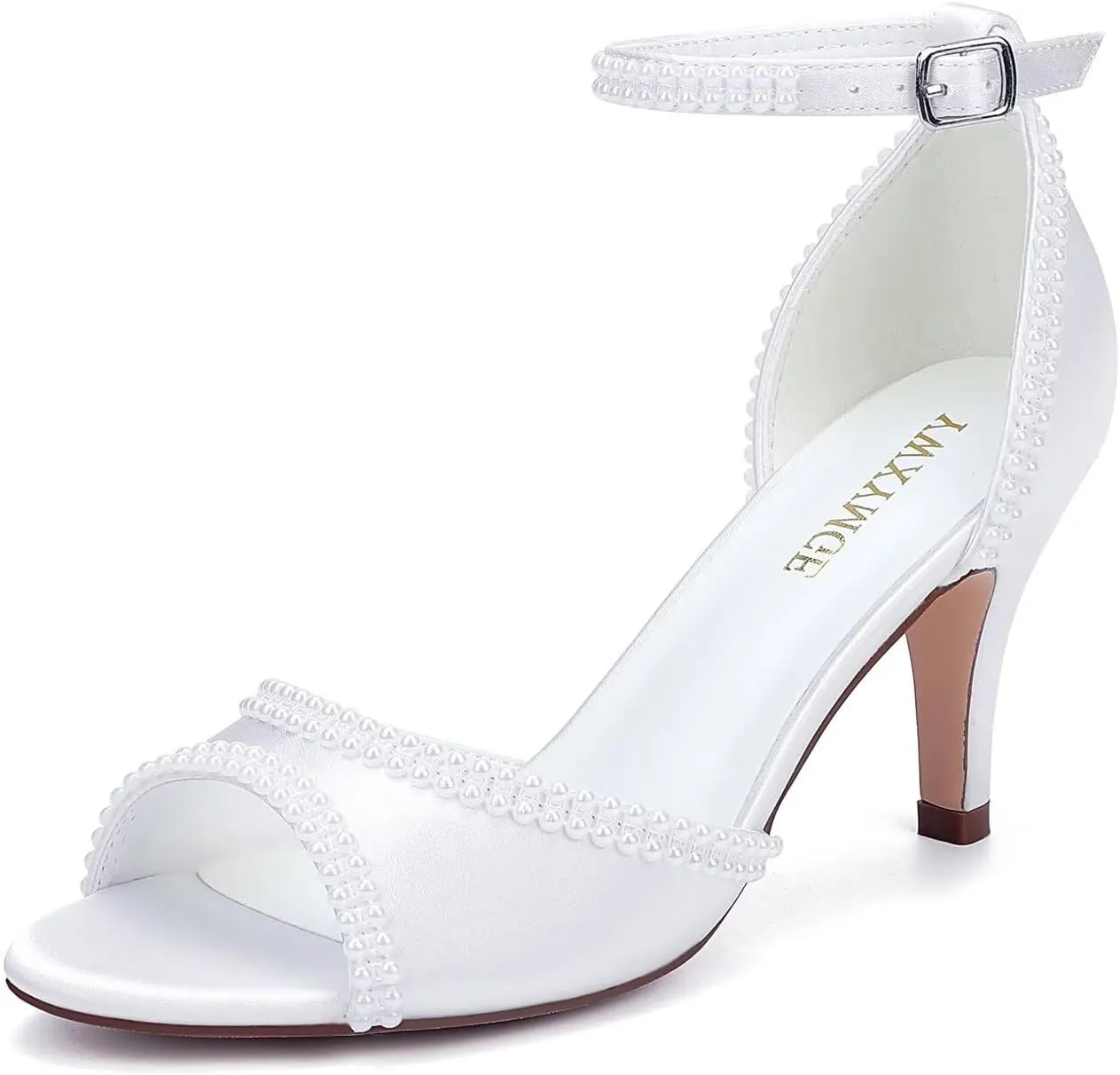 Low Heel Wedding Shoes for Bride Peep Toe Pearl Bridal Shoes Ankle Buckle Strap Wedding Heels