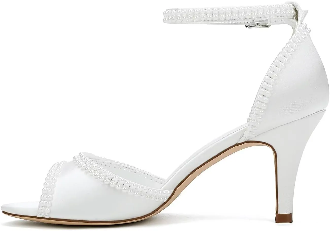 Low Heel Wedding Shoes for Bride Peep Toe Pearl Bridal Shoes Ankle Buckle Strap Wedding Heels