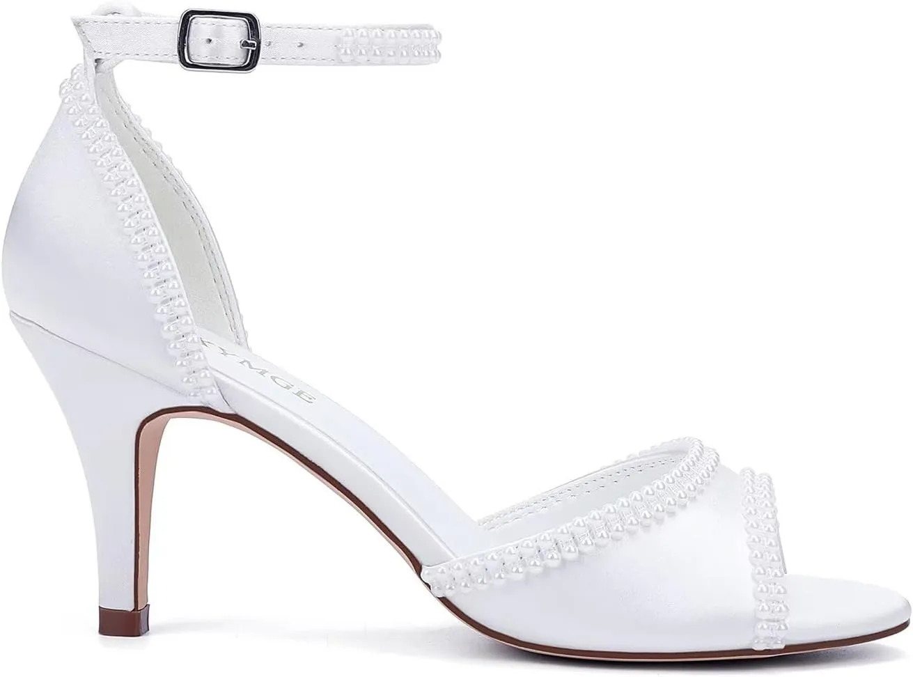 Low Heel Wedding Shoes for Bride Peep Toe Pearl Bridal Shoes Ankle Buckle Strap Wedding Heels