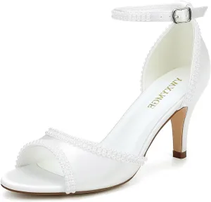 Low Heel Wedding Shoes for Bride Peep Toe Pearl Bridal Shoes Ankle Buckle Strap Wedding Heels